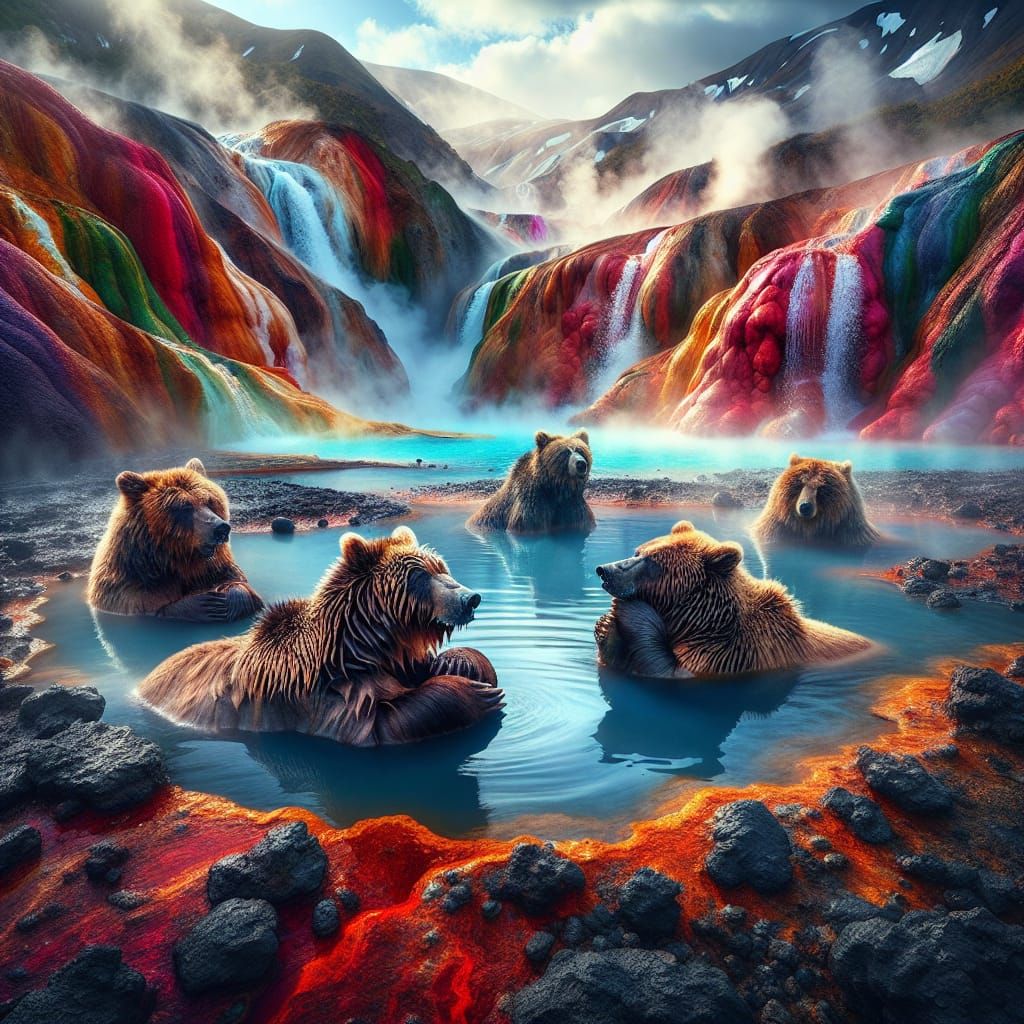 Brown Bears Relax in Hot Springs of Kamchatka
