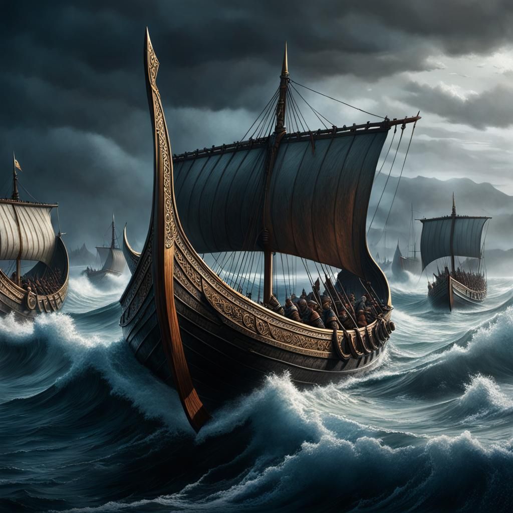 Viking long boats, full of warriors, battle the rough seas, ...