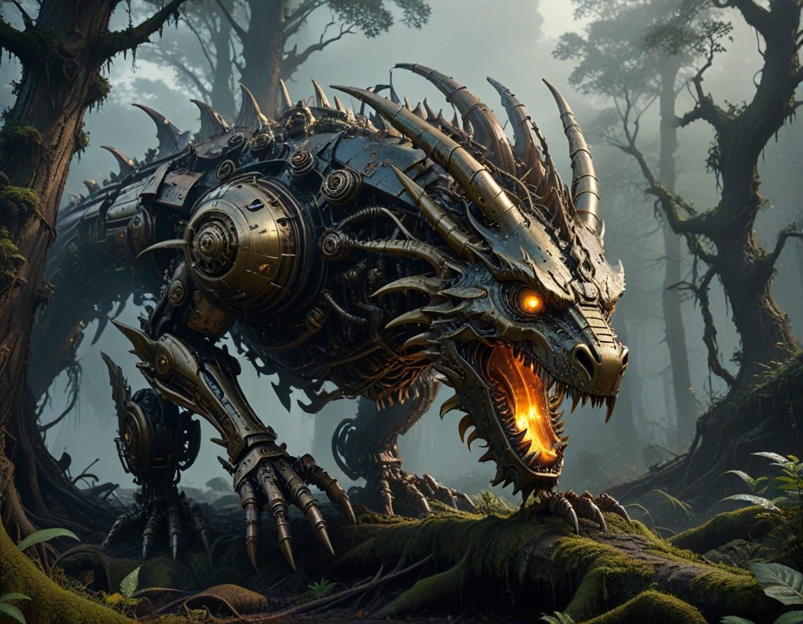 Abandoned Steampunk Dragon Mecha in Misty Forest
