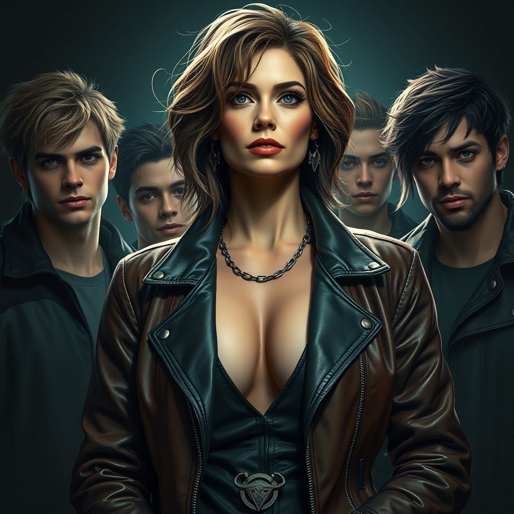 Mature Woman in Leather Surrounded by Young Men in a Fantast...