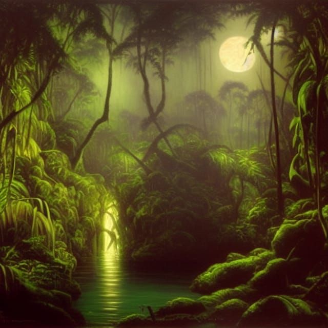 Mysterious Jungle Oasis Under Moonlit Skies