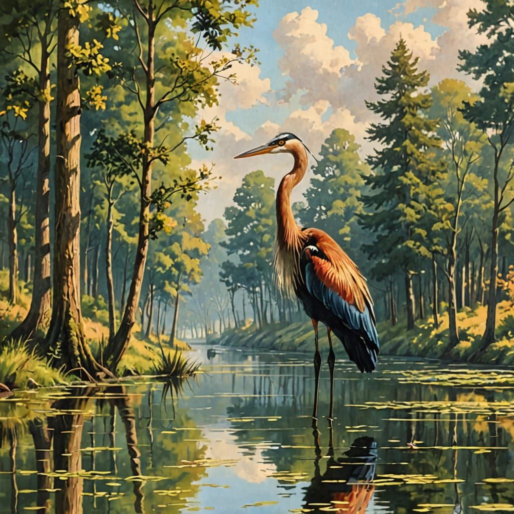 Busy Scenic Waterway in Vibrant Color Palette