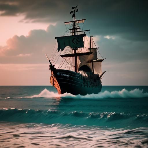 Pirate Ship in Hyperrealistic Sunset
