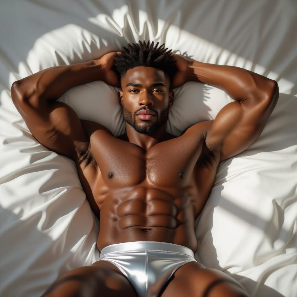 Photorealistic Portrait of Muscular Man in Silver Thongs