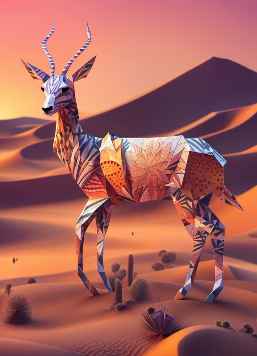Origami Gazelle in Vibrant Desert Sunrise