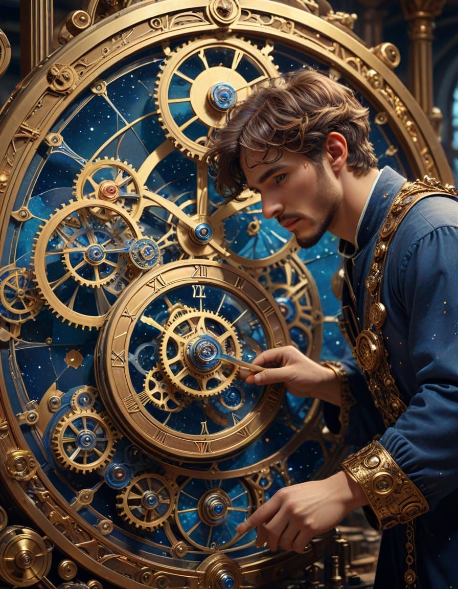 Celestial Clockmaker Assembling Galaxy Timepieces in Art Nou...