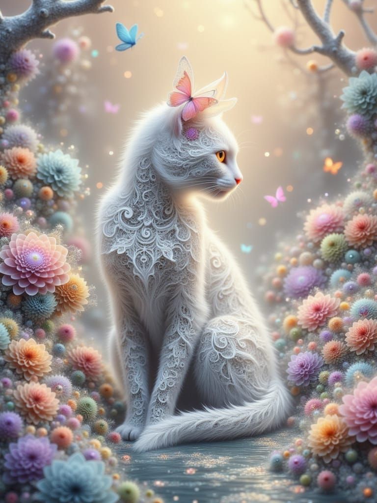 Dreamy Fractal Lace Scene with Pastel-Colored Cat and Butter...