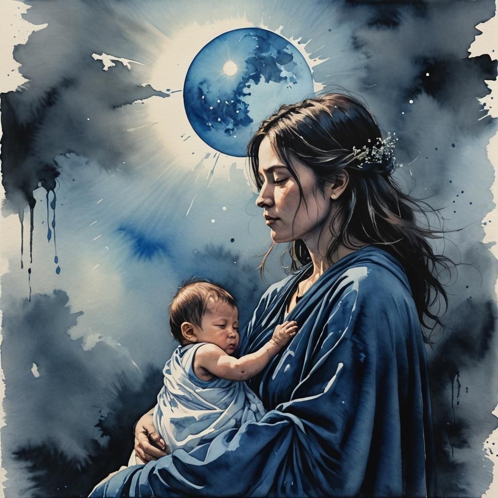 Motherhood in Dark Hyper-Realistic Watercolor Style
