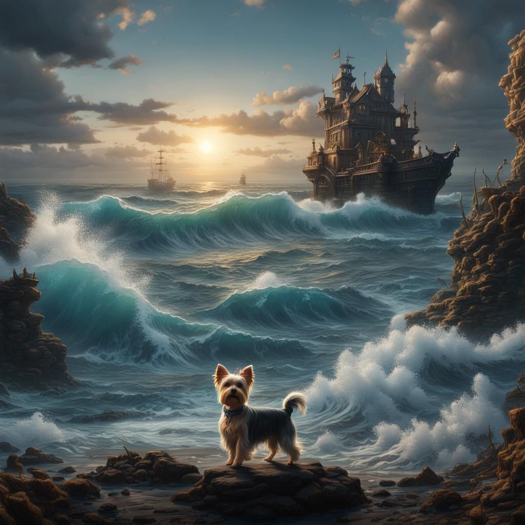 Surreal Fantasy Ocean with Fierce Yorkies in Intricate Detai...