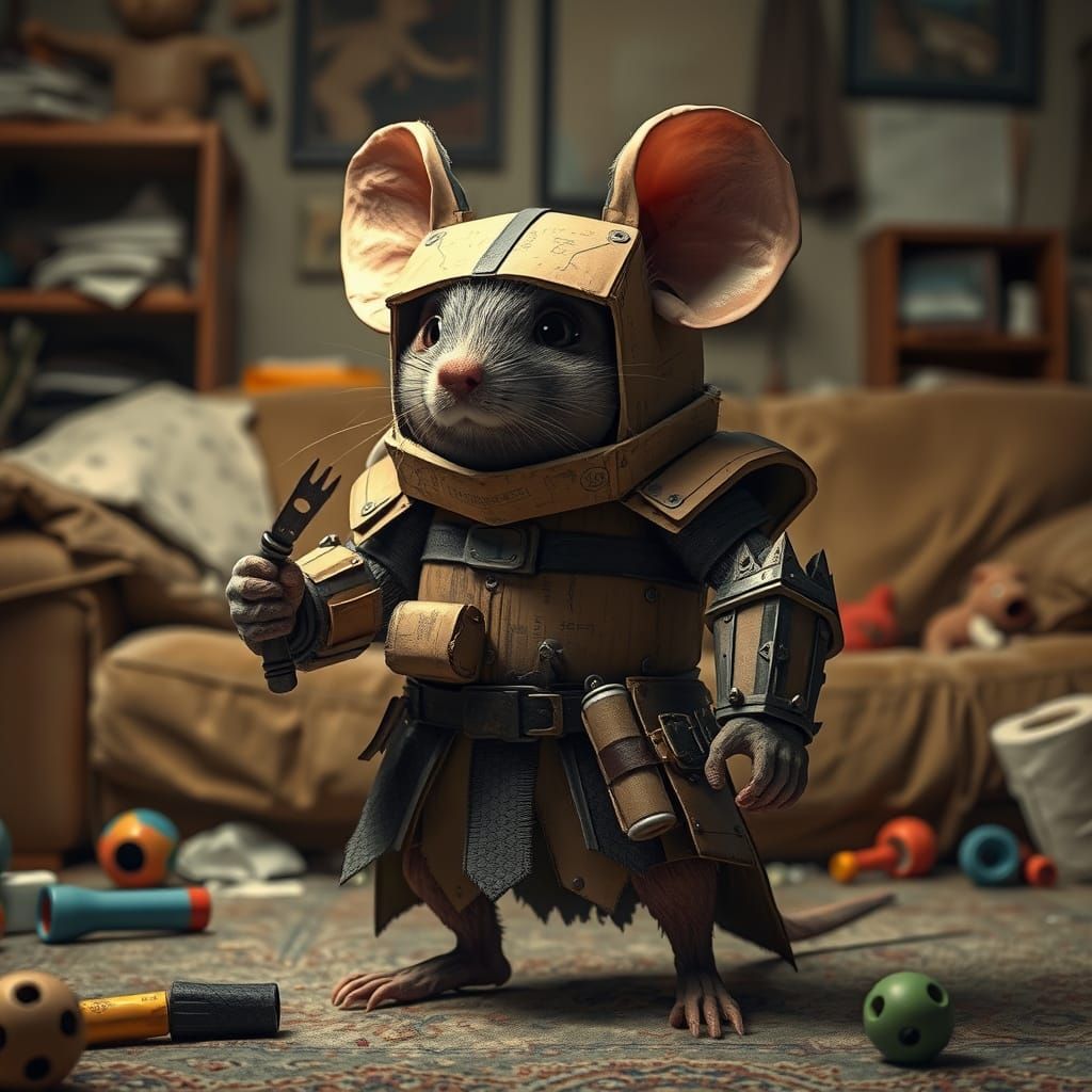 Heroic Mouse in Cardboard Armor, Hyperrealistic