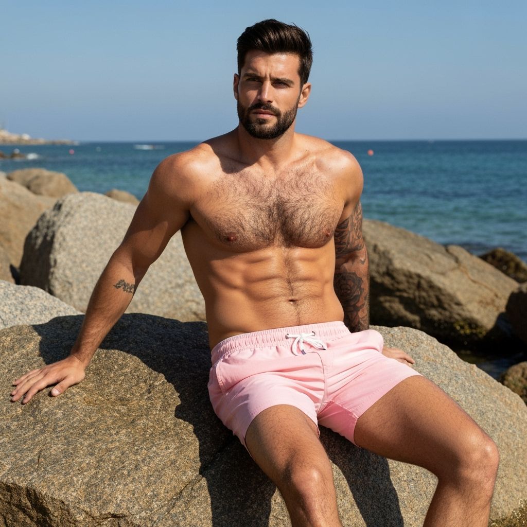 Male Model Posing on Beach Rocks in Natural Sunlight