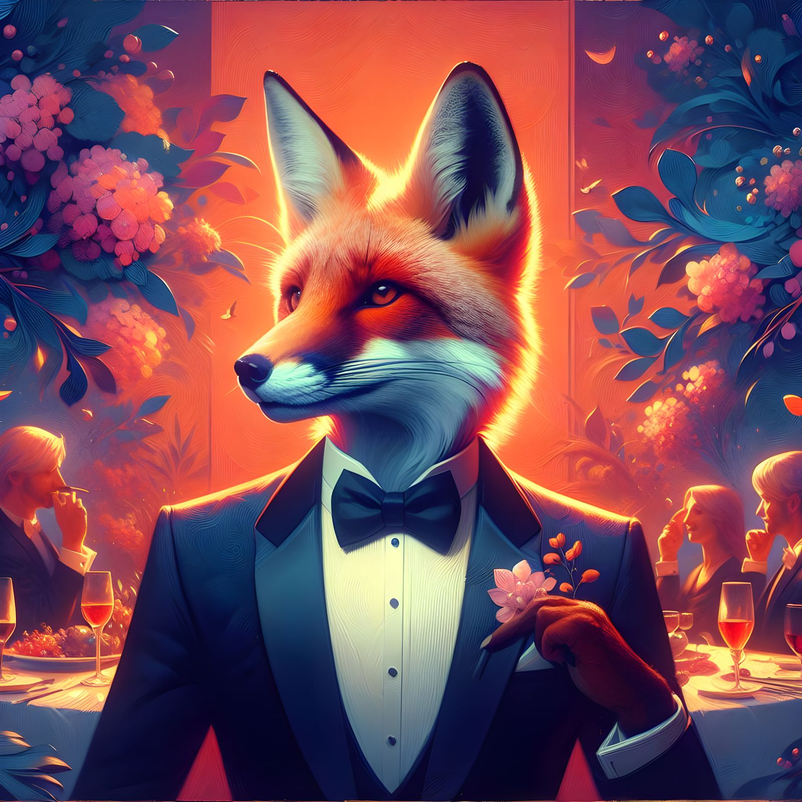 Anthropomorphic Fox at Fantasy Dinner Party in 8K