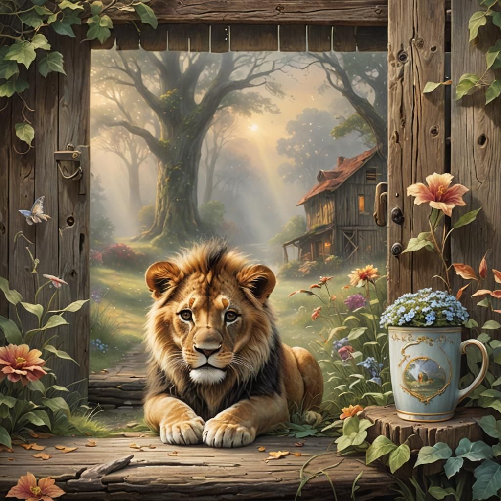 Whimsical Lion's Cup in a Mystical Barn Door Setting
