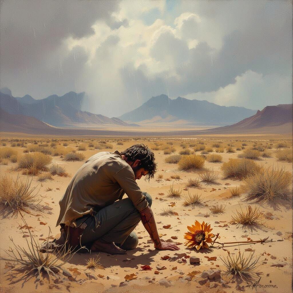 Man Kneels in Autumn Desert, Sees Distant Rain