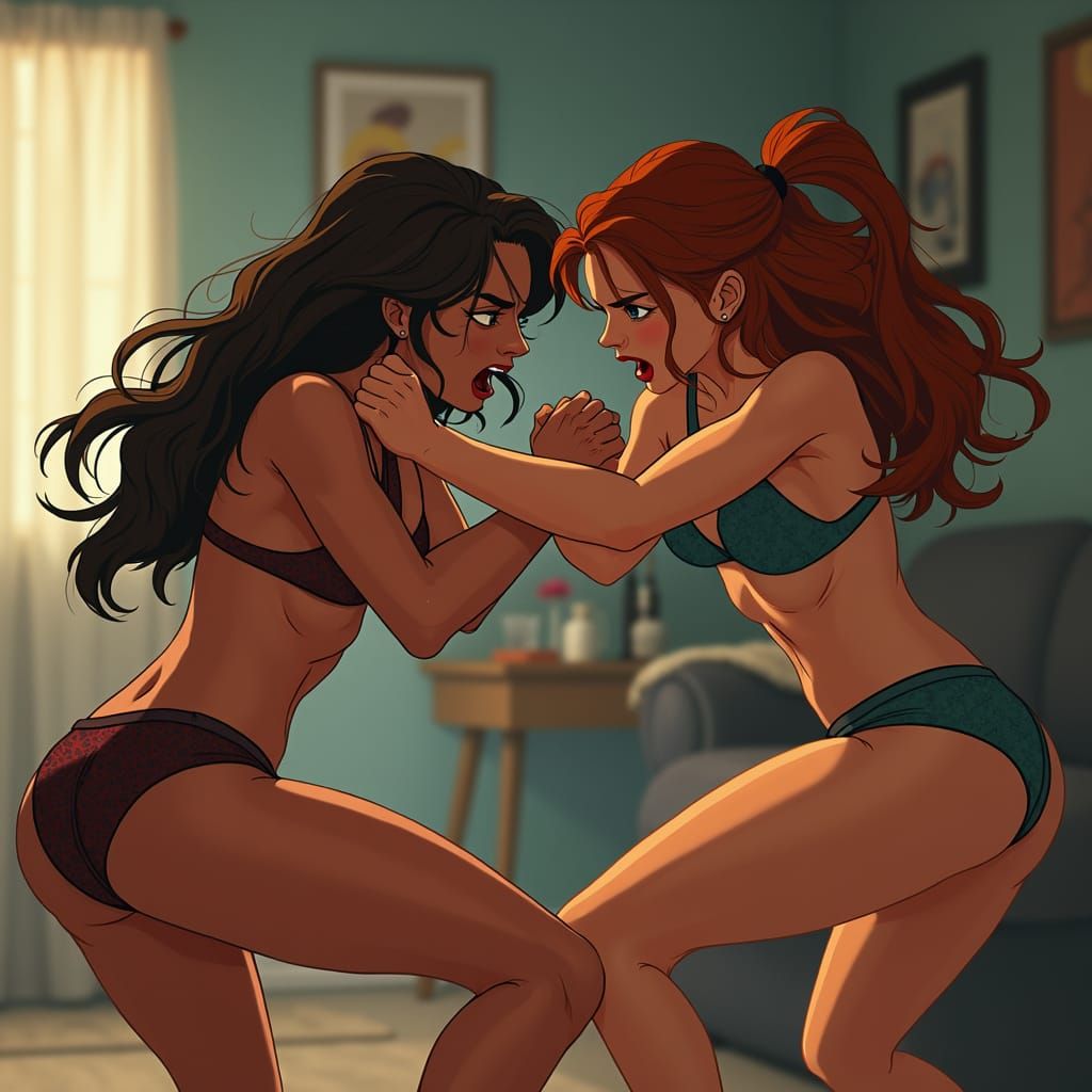 Intense Wrestling Match in Apartment, Atmospheric Lighting