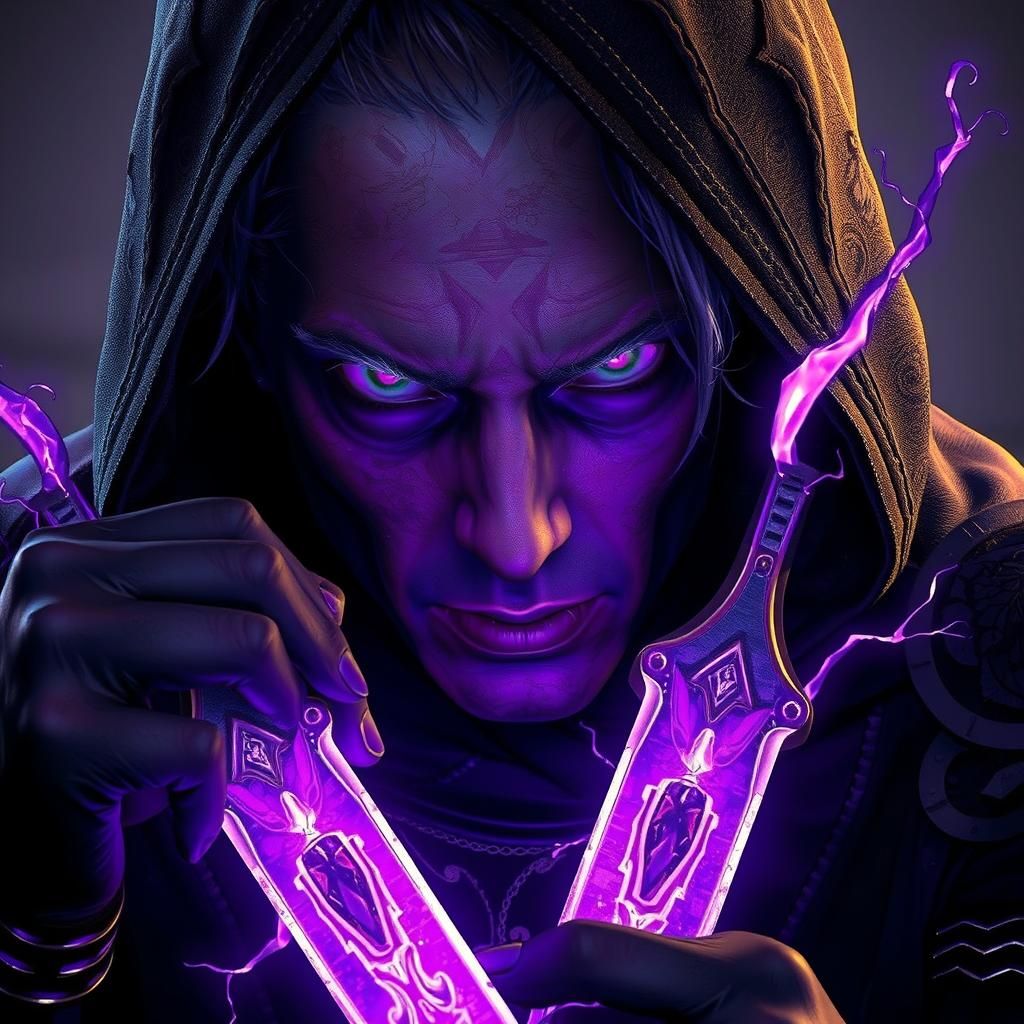 Enigmatic Dark Fantasy Figure with Vibrant Purple Eyes