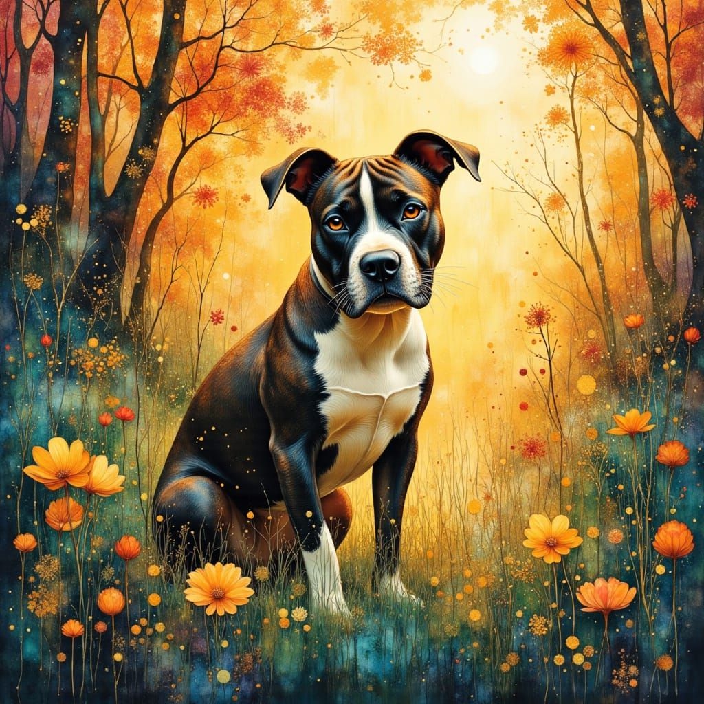 Pit Bull Portrait in Garden at Sunset, Watercolor and Alcoho...