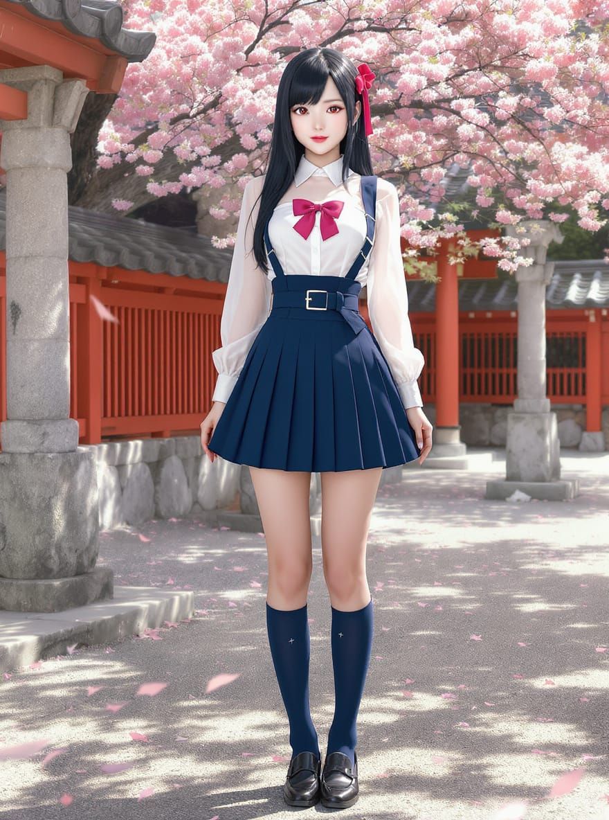 Japanese School Uniform Portrait in Cherry Blossom Shrine