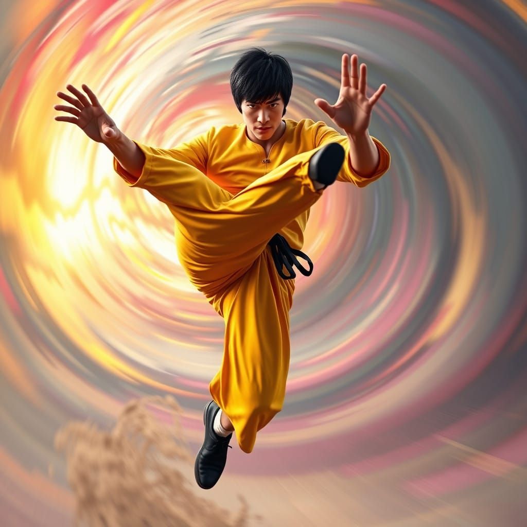 Bruce Lee Defies Gravity in Mid-Air High Kick