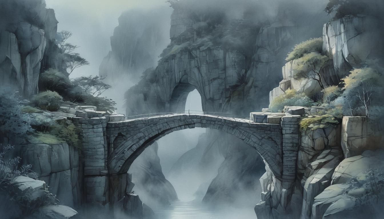 Surreal Stone Bridge Amidst Misty Twilight