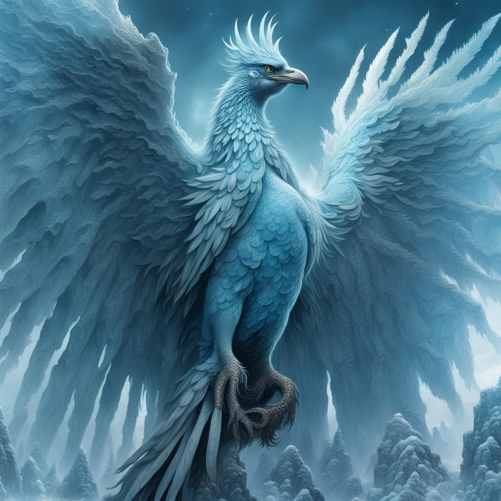 Ice Blue Phoenix in Cinematic Digital Painting