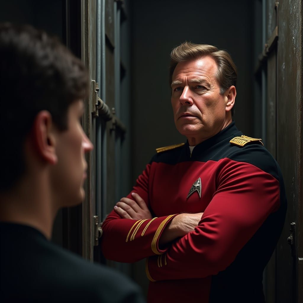 Captain Kirk Stands Tall, Defiant and Brooding, Over a Despe...