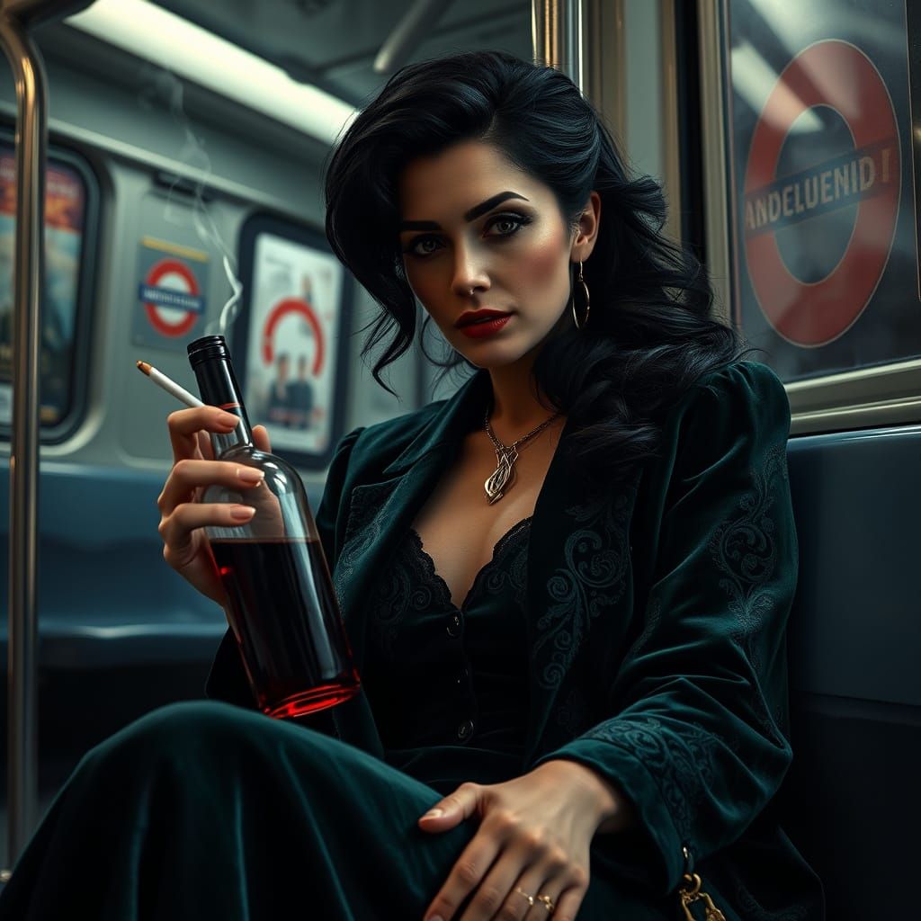 Elegant Woman Sits on London Underground Train in Velvet Att...