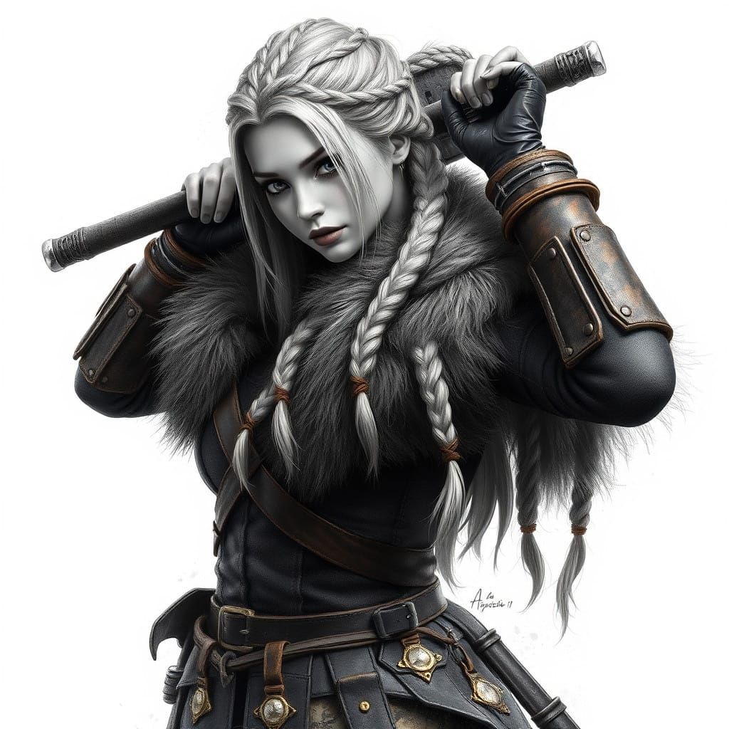 Medieval Barbarian Warrior Maiden in Charcoal Hyperdetail