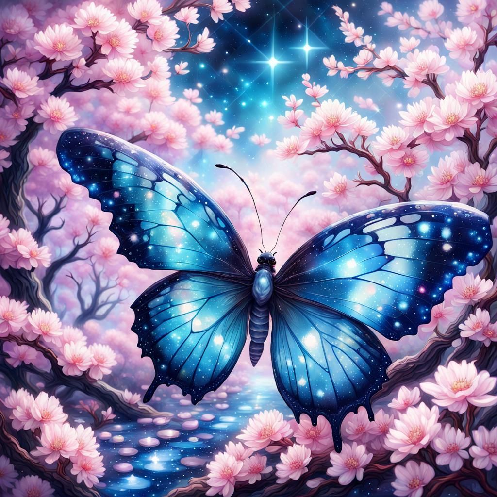 Epic Crystal Butterfly in Cherry Blossom Garden Fantasy Art