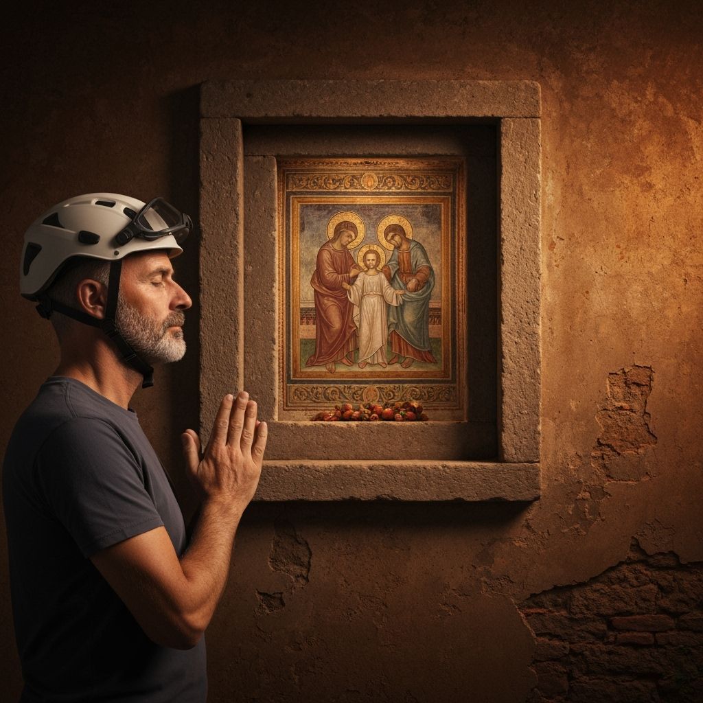 Man Prays Before Ancient Fresco Shrine in Cozy Atmosphere