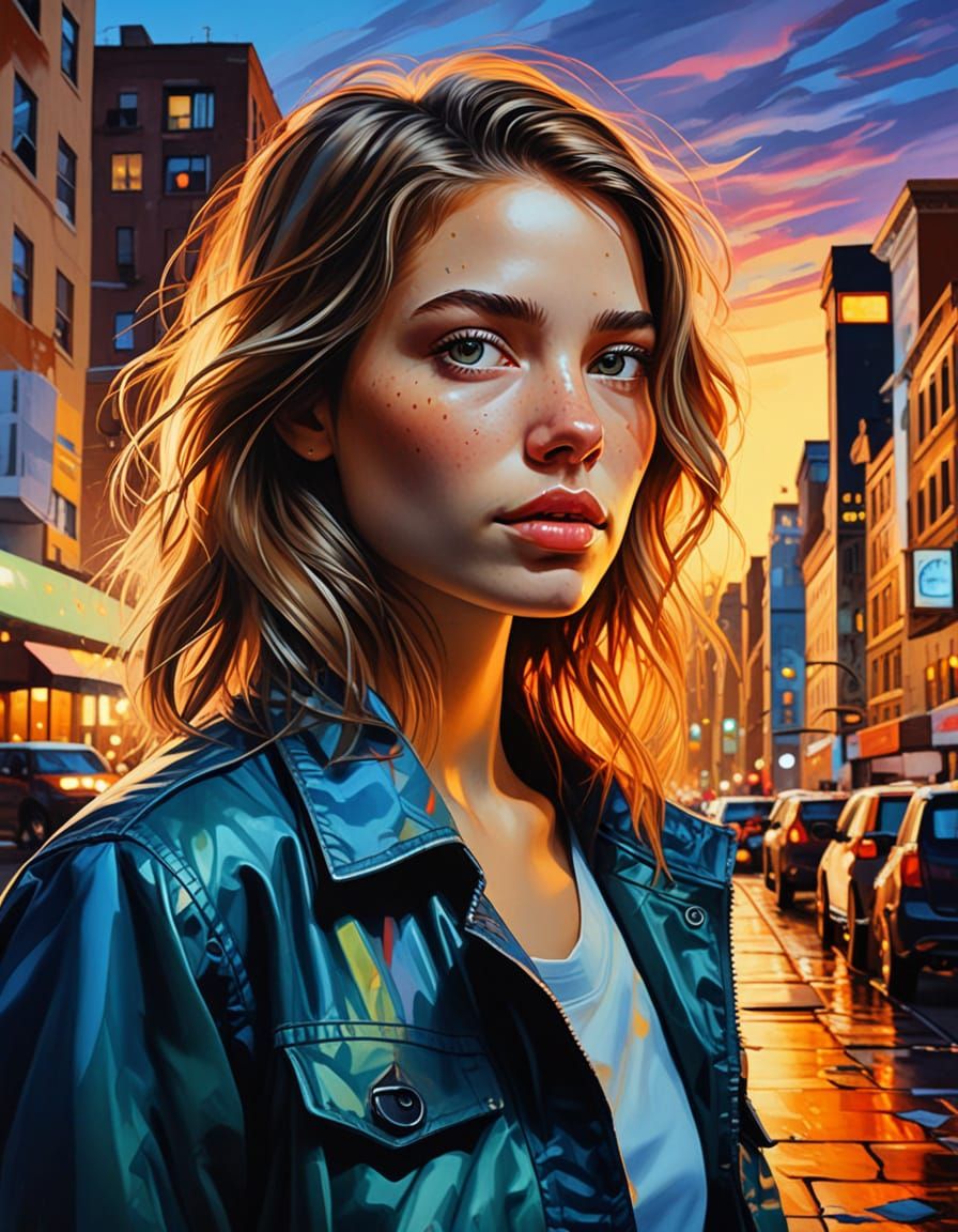 Surreal Portrait of Samantha in Vibrant Cityscape
