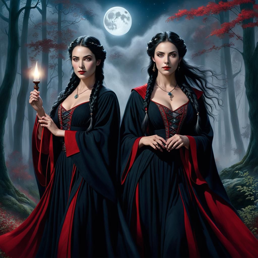 Sorceress Twins Under Ethereal Moonlight