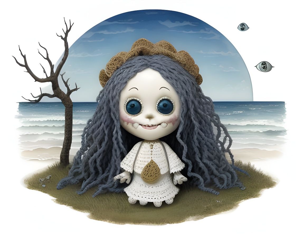 Cute Crochet Doll Girl in Tim Burton's Creepy Wonderland