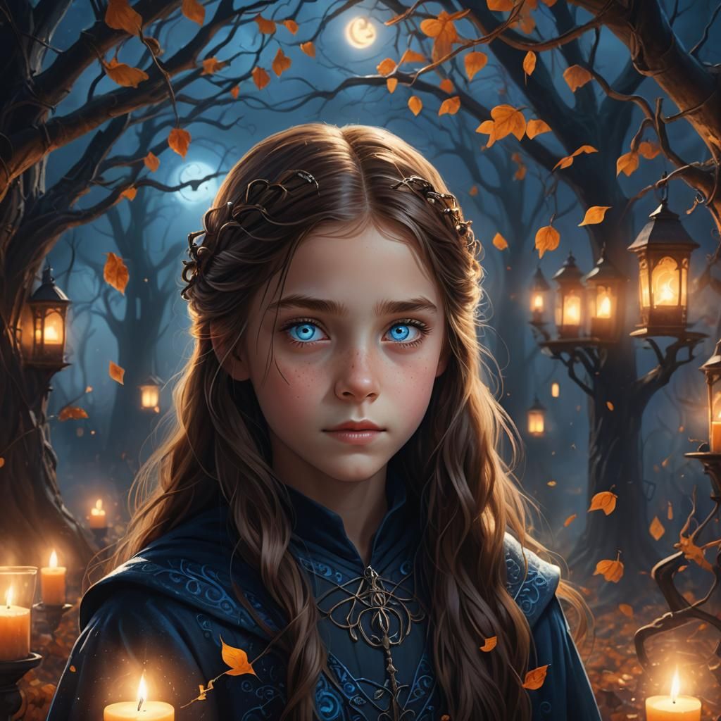 Girl in Iridescent Blue Eyes Glows Amidst Autumn Leaves and....