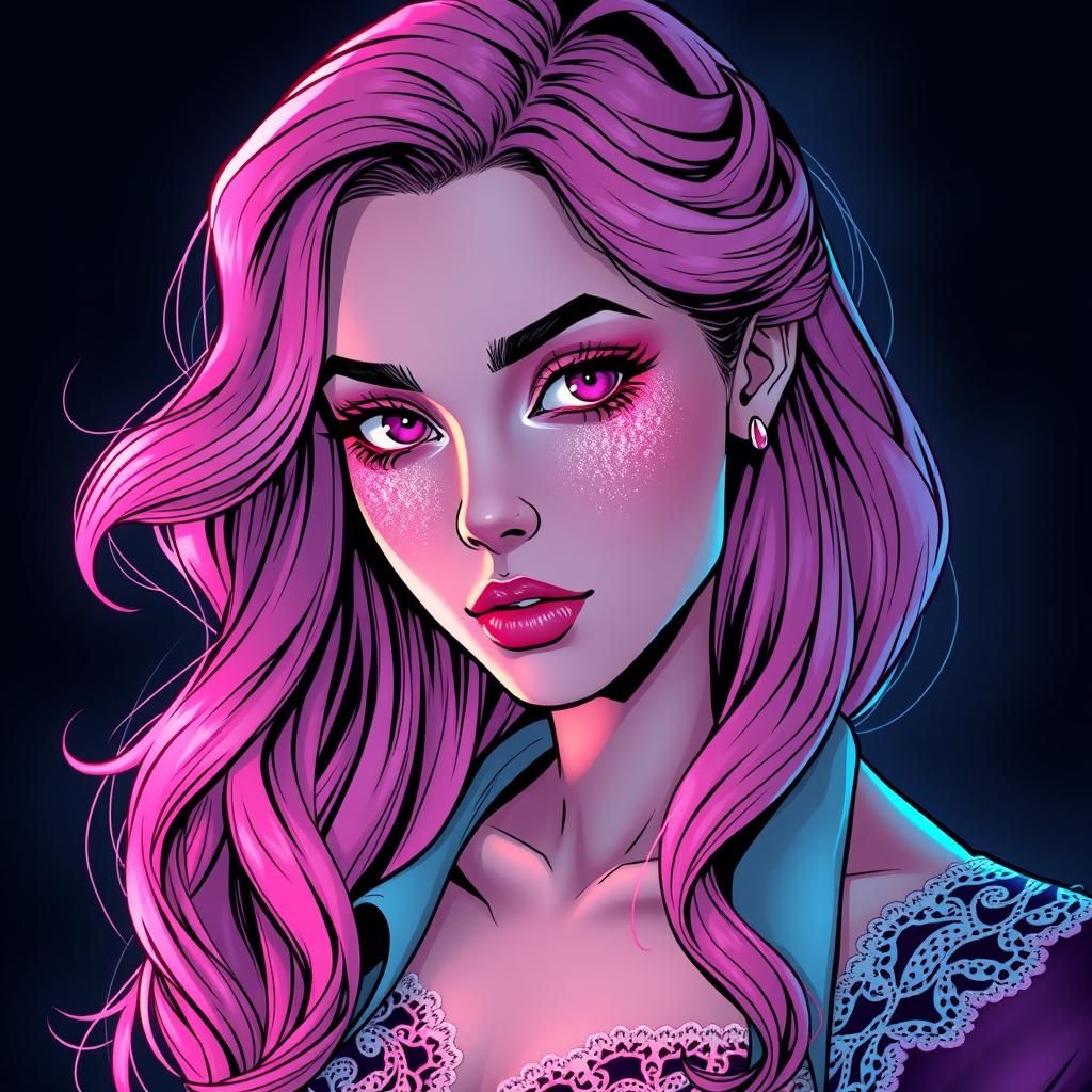 Glamorous Woman with Vibrant Pink Hair in Dark Background