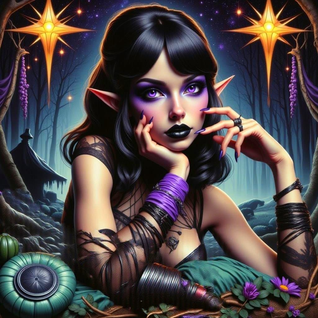 Gothic Fantasy Drow Elf in Cosmic Retro Style