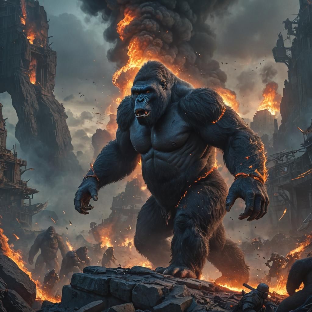 Epic Gorilla in War-Torn Fantasy Landscape