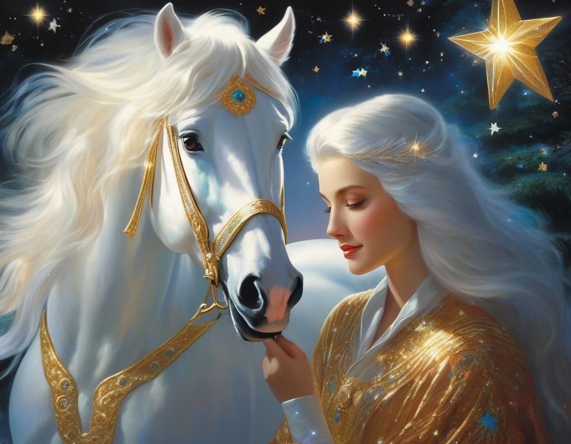 Long Haired Woman Brushes a Shimmering Pegasus