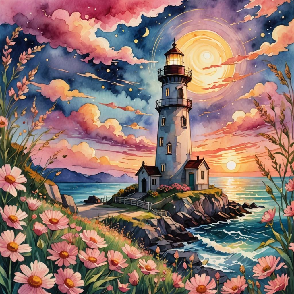 Whimsical Watercolor Lighthouse in Vibrant Sunset