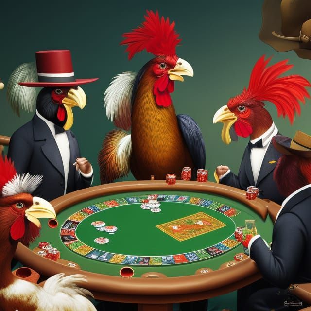 Roosters Playing Poker in Classical Style