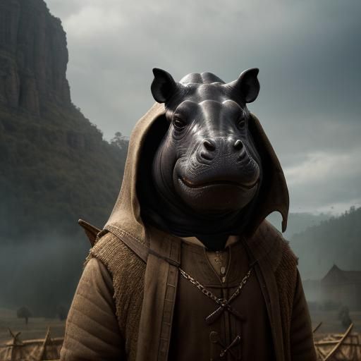 An anthropomorphic hippo pitchfork hay pile. medieval peasant life.