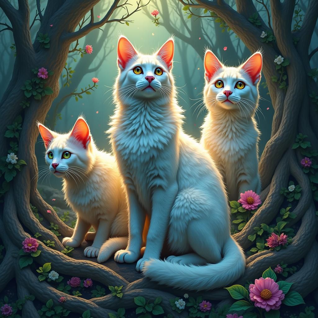 Mystical Felines in Dreamlike Landscape