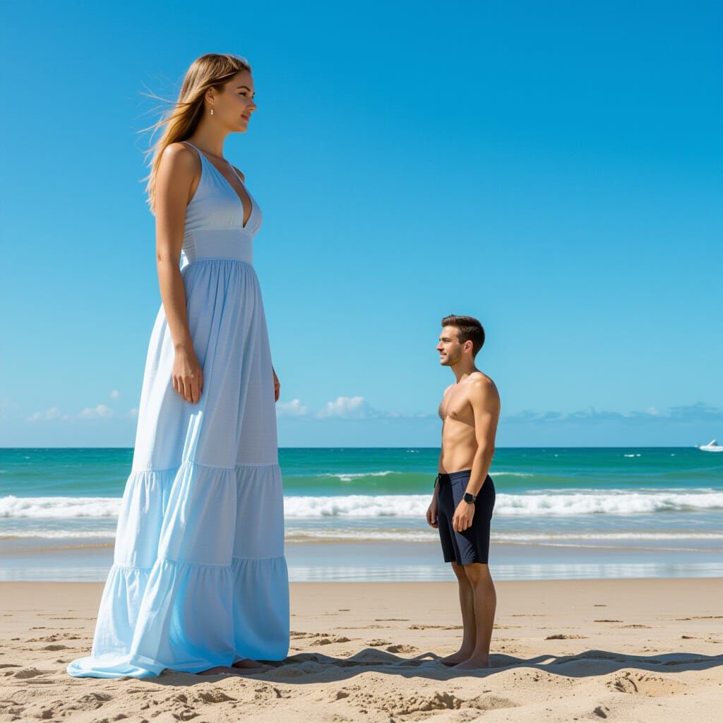Tall Woman and Short Man on the Beach