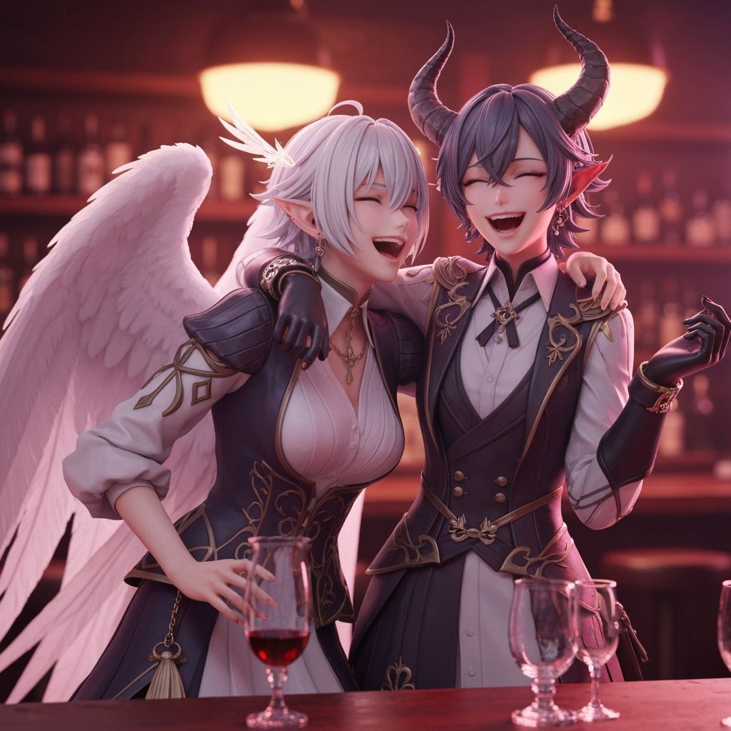 Angel and Demon Laughing Together at a Bar in 3D Anime Style
