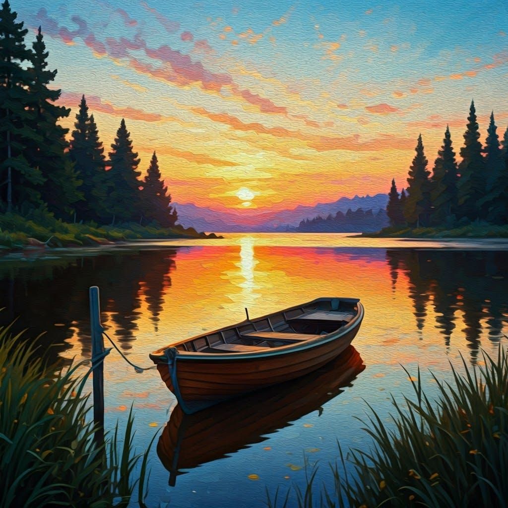 Luminous Lake Scene with Wooden Boat in Expressive Brushstro...