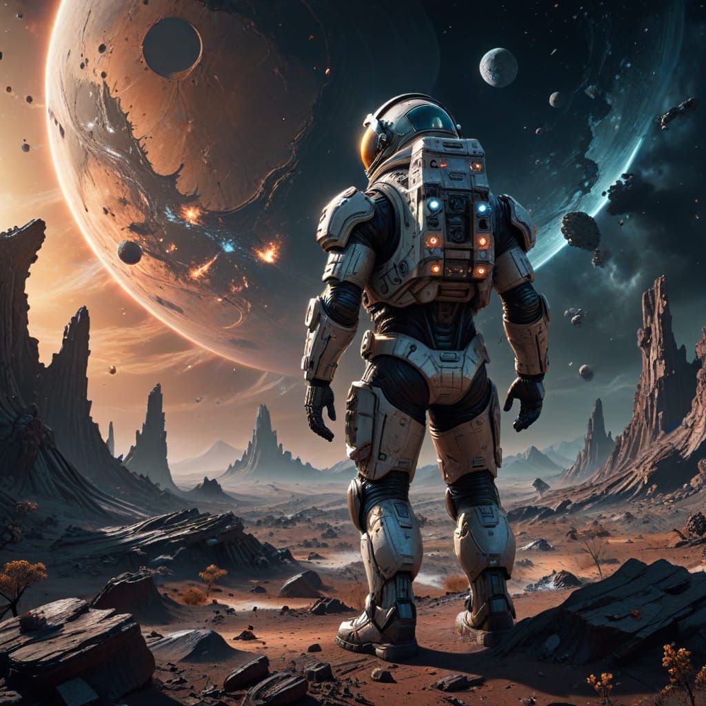 Astronaut on Alien Planet Views Shattered Moon