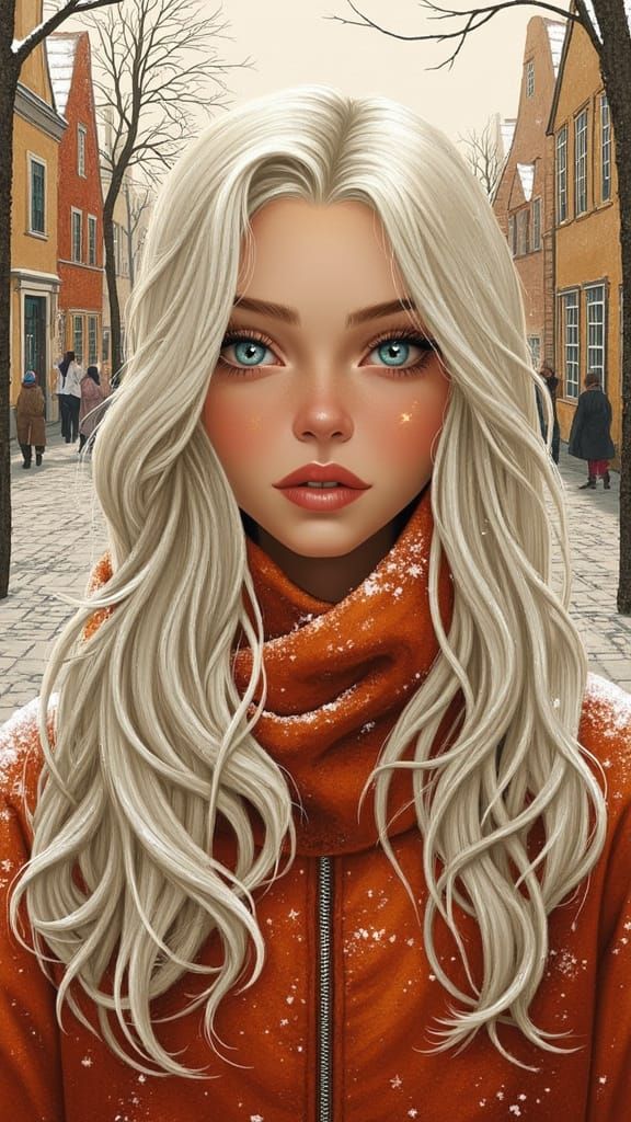 Young Woman in Orange Coat on Snowy European Street