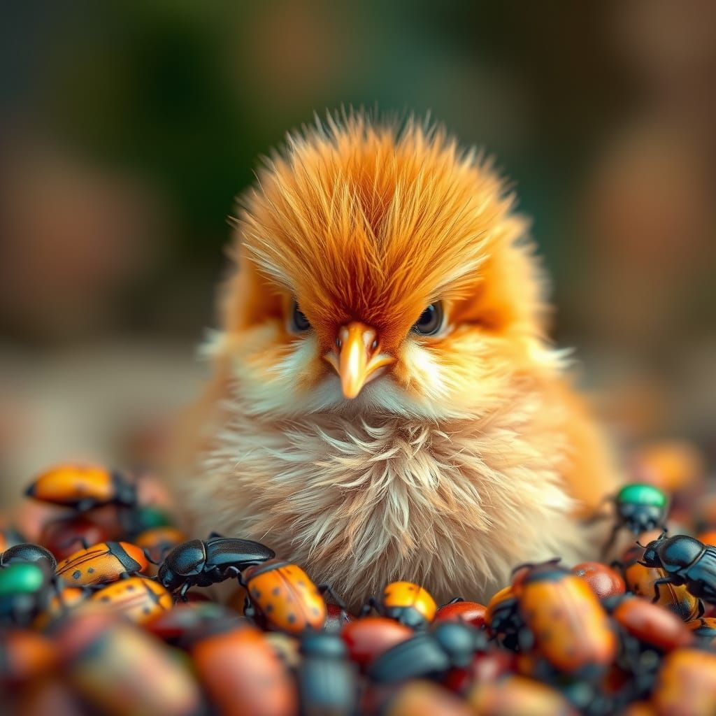Fluffy Chick Surrounded by Beetles in Soft Focus
