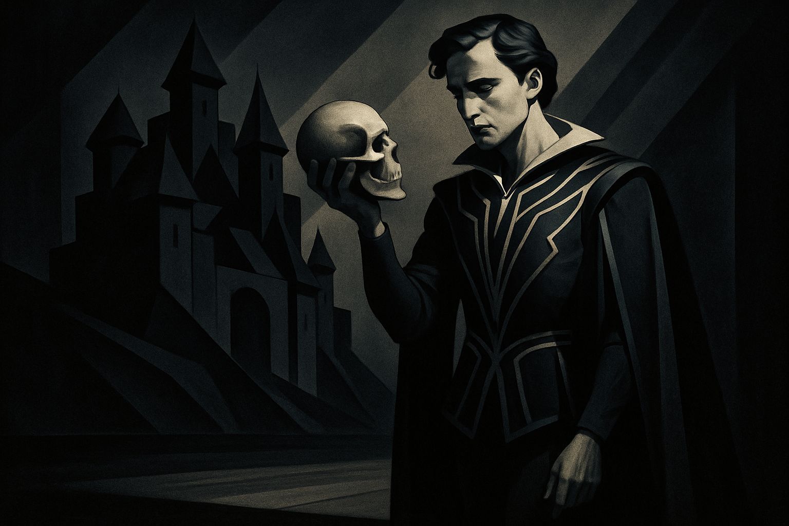 Melancholic Hamlet on Stage in Art Deco Style