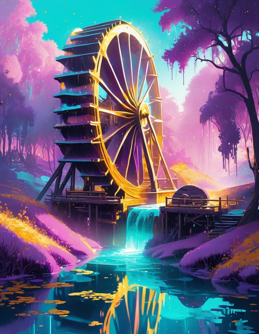 Surreal Waterwheel Transforms in Radiant Liquid Light